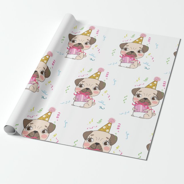 Pug Birthday Cute Dog Pattern Wrapping Paper (Unrolled)
