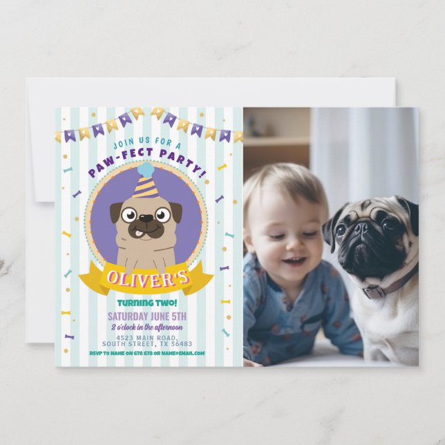Pug Birthday Doggy Party Dog Confetti Blue Invitation (Front)