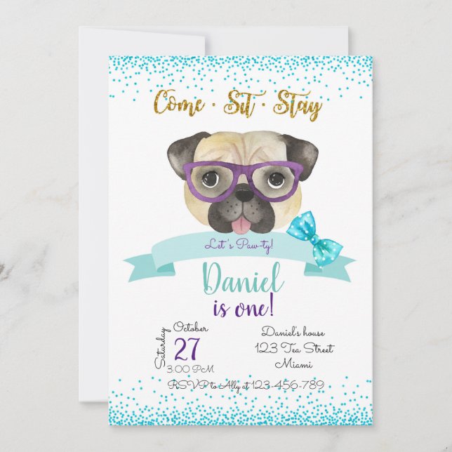 Pug Birthday Invitation, Pug Invite (Front)