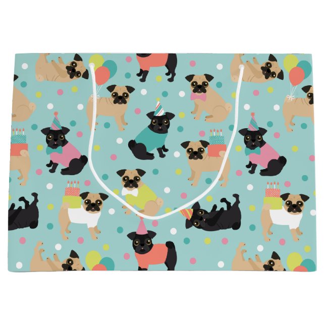 Pug Birthday Party Celebration Large Gift Bag (Front)