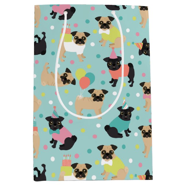Pug Birthday Party Celebration Medium Gift Bag (Front)