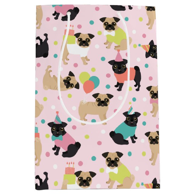 Pug Birthday Party Celebration Medium Gift Bag (Front)
