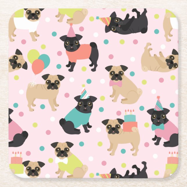 Pug Birthday Party Celebration Square Paper Coaster (Front)