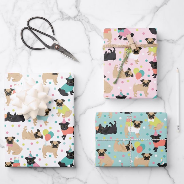 Pug Birthday Party Celebration Wrapping Paper Sheet (Front)