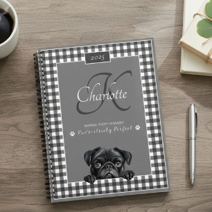 Pug Black White Gingham Custom Name Monogram Planner