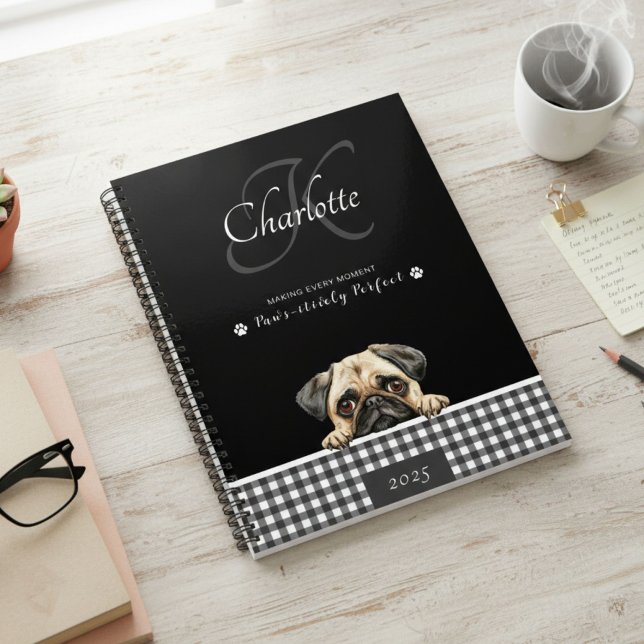 Pug Black White Plaid Custom Name Monogram Planner (Creator Uploaded)