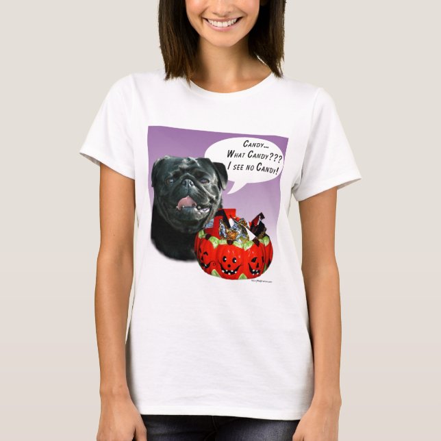 Pug (blk) Halloween Candy T-Shirt (Front)
