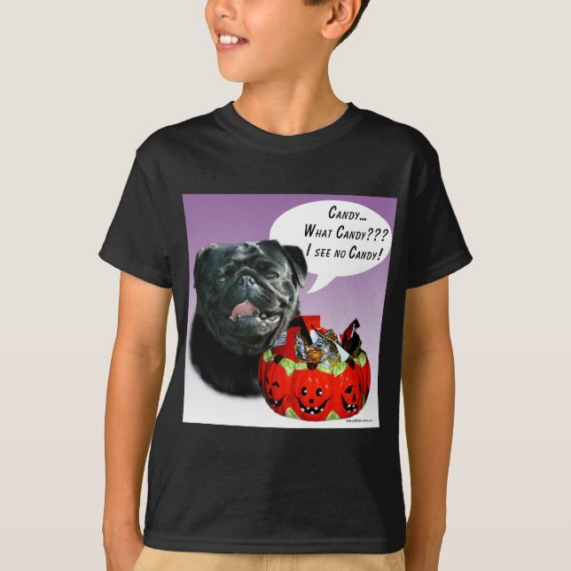 Pug (blk) Halloween Candy T-Shirt (Front)