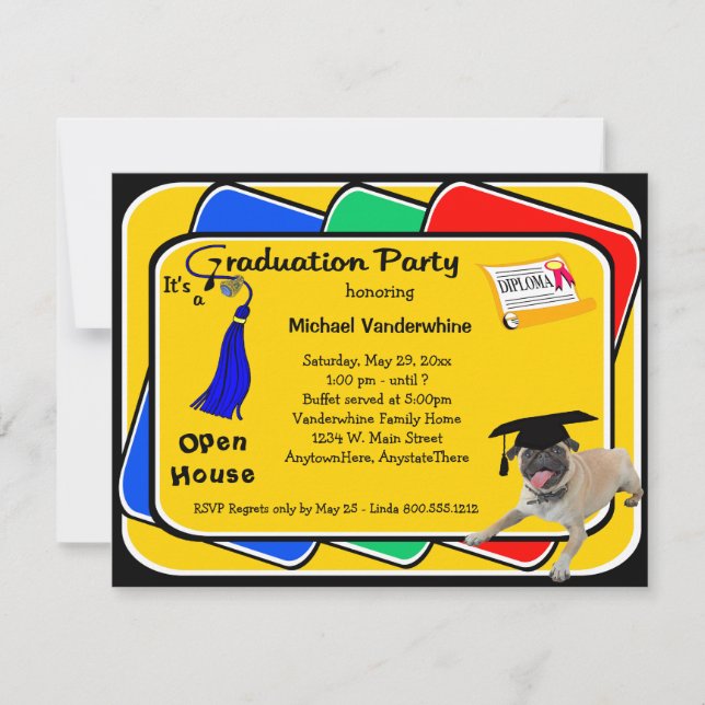 Pug Blue Graduation Party Invitations (Front)