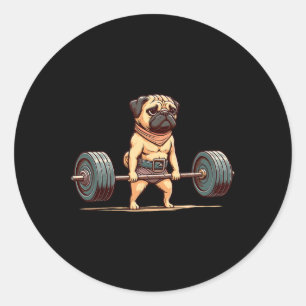Pug Bodybuilder Gym Humour Weightlifting Workout M Classic Round Sticker