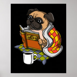 Pug Book Reading Lover Dog Cute Pet Poster