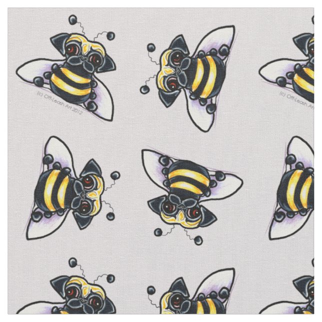 Pug Bumble Bees Lilac Grey Fabric (Close Up)
