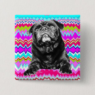 PUG BUTTON- Black PUG-  Pink, Aqua & White RAD ZAG 15 Cm Square Badge