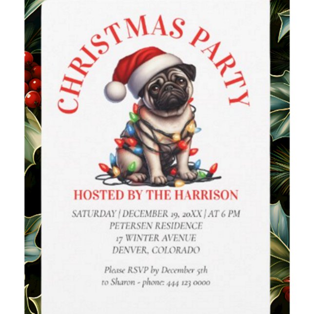 Pug Canine Retro Watercolor Christmas Invitation (Personalized Christmas Cards)