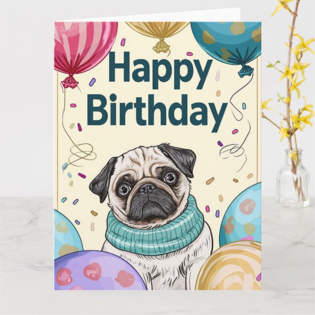 Pug Cartoon Anime Cupcake Paws Card (Yellow Flower)