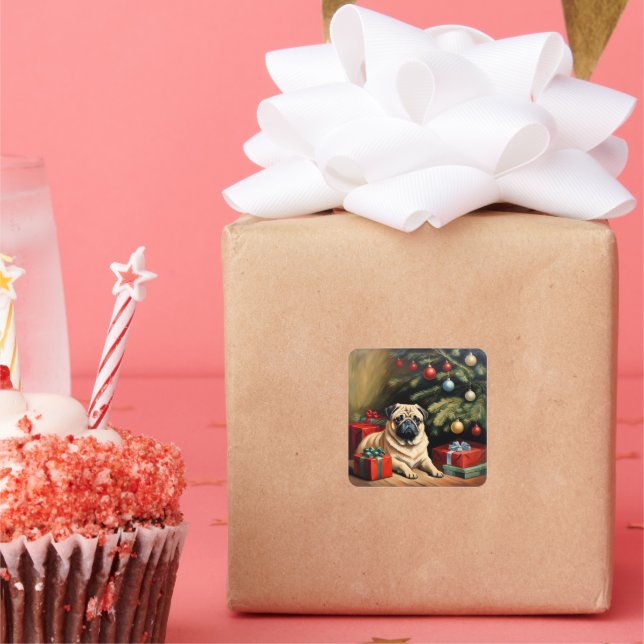Pug celebrates Christmas Square Sticker (Party)