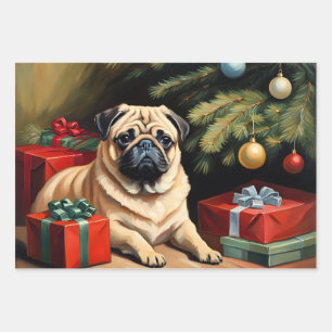 Pug celebrates Christmas Wrapping Paper Sheet