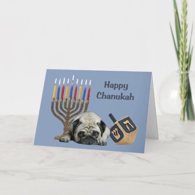 Pug Chanukah Card Menorah Dreidel (Front)