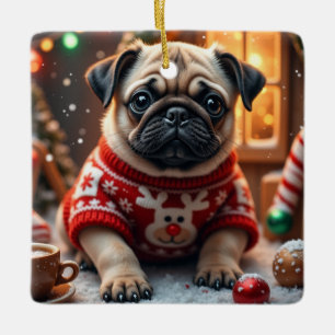 Pug Christmas Art Ceramic Ornament