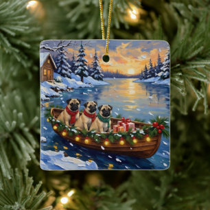 Pug Christmas Boat Holiday Ceramic Ornament