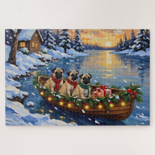 Pug Christmas Boat Holiday Jigsaw Puzzle