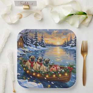 Pug Christmas Boat Holiday Paper Plate