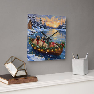 Pug Christmas Boat Holiday Square Wall Clock
