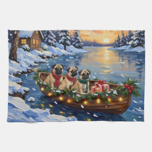 Pug Christmas Boat Holiday Tea Towel