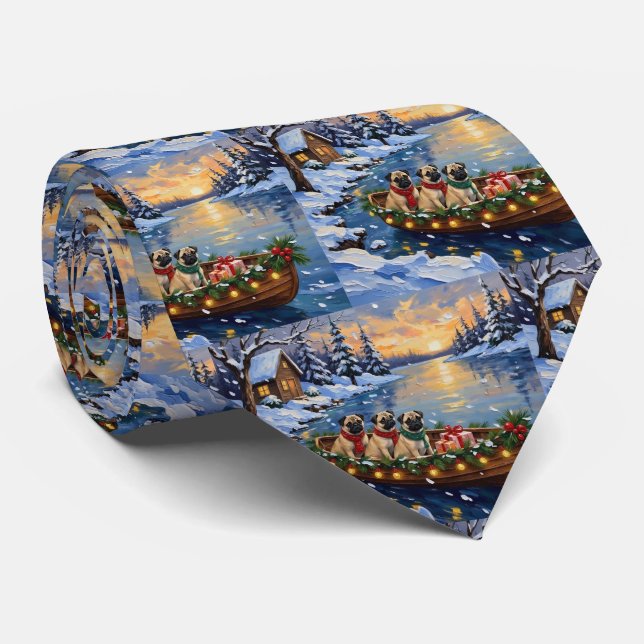 Pug Christmas Boat Holiday Tie (Rolled)