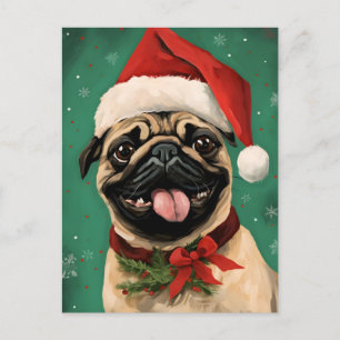 Pug Christmas brush painting artwork Postcard
