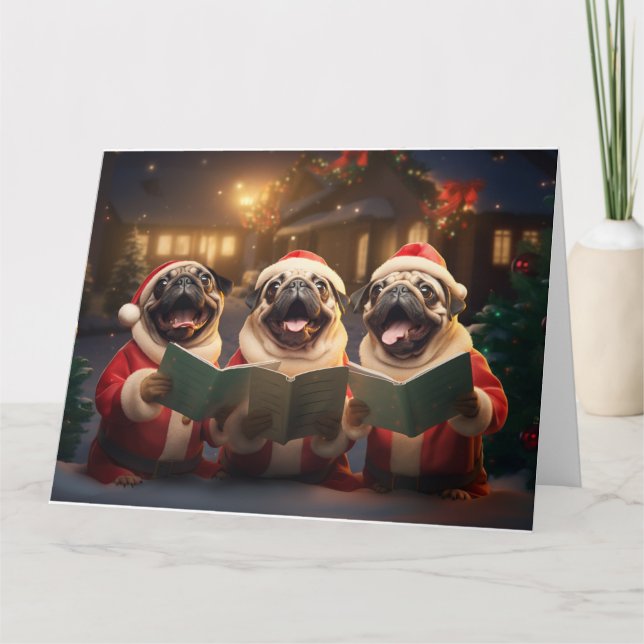 Pug Christmas Carolers Fun Holiday Card (Front)