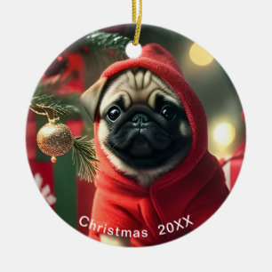 Pug Christmas Date or Add Pet Photo  Ceramic Tree Decoration