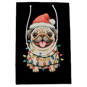 Pug Christmas Dog Sant Hat Xmas Lights Pugmas Medium Gift Bag