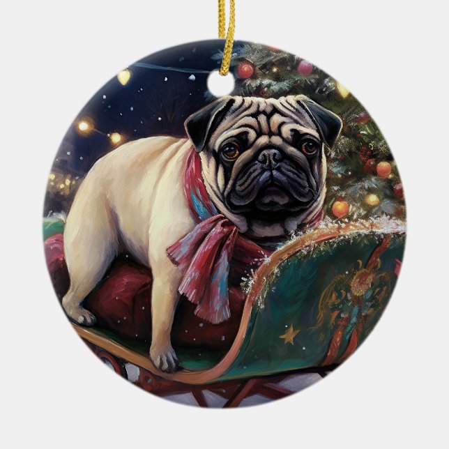 Pug Christmas Festive Season Ceramic Tree Decoration (Front)