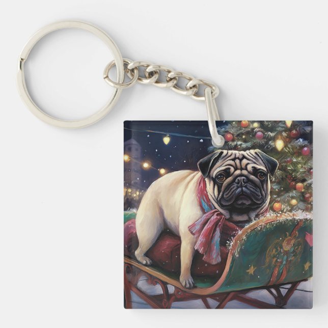 Pug Christmas Festive Season Key Ring (Front)