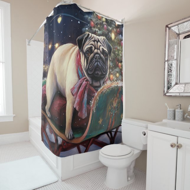 Pug Christmas Festive Season Shower Curtain (In Situ)