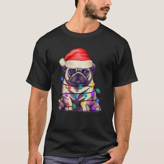Pug Christmas Lights Funny Santa Pug Lover Dog  T-Shirt (Front)