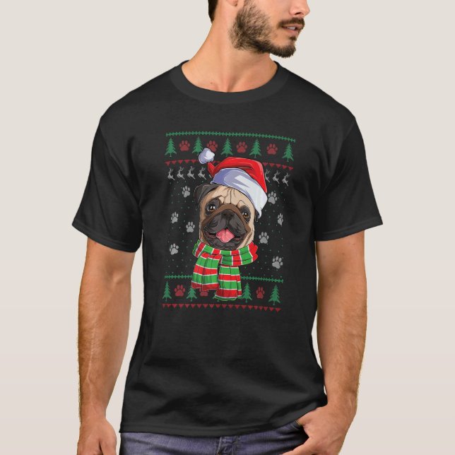 Pug Christmas Lights Santa Hat Dog Ugly Sweater (Front)