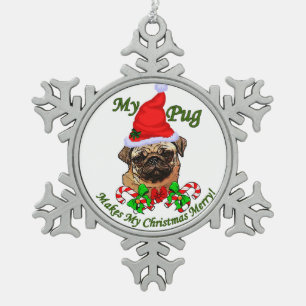 Pug Christmas Merry Snowflake Pewter Christmas Ornament