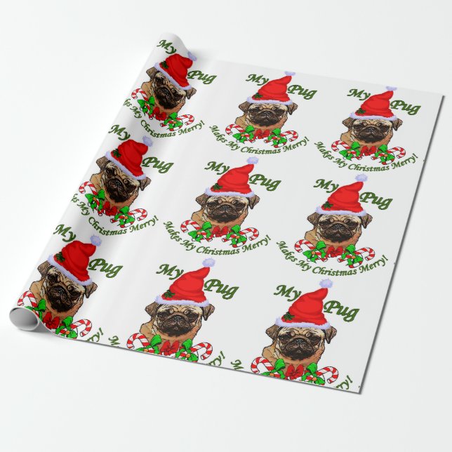 Pug Christmas Merry Wrapping Paper (Unrolled)