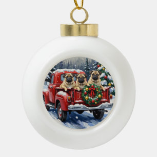 Pug Christmas Red Truck Holiday Ceramic Ball Christmas Ornament