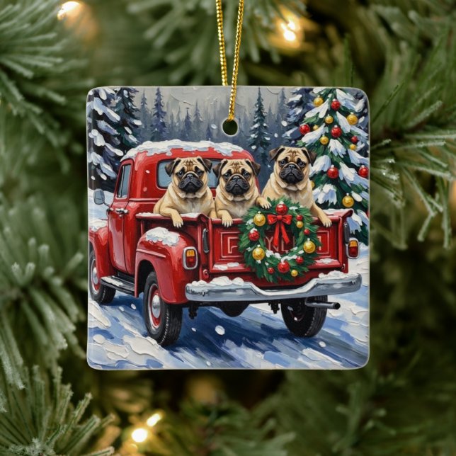 Pug Christmas Red Truck Holiday Ceramic Ornament (Tree)