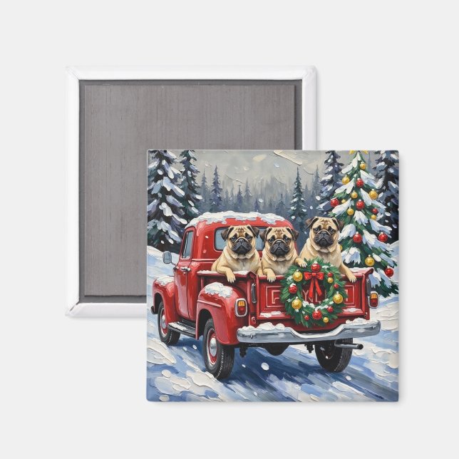 Pug Christmas Red Truck Holiday Magnet (Front/Back)