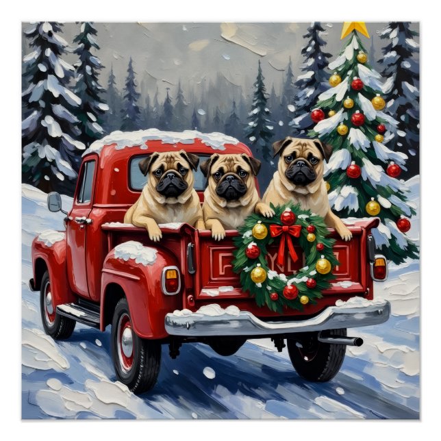 Pug Christmas Red Truck Holiday Poster (Front)