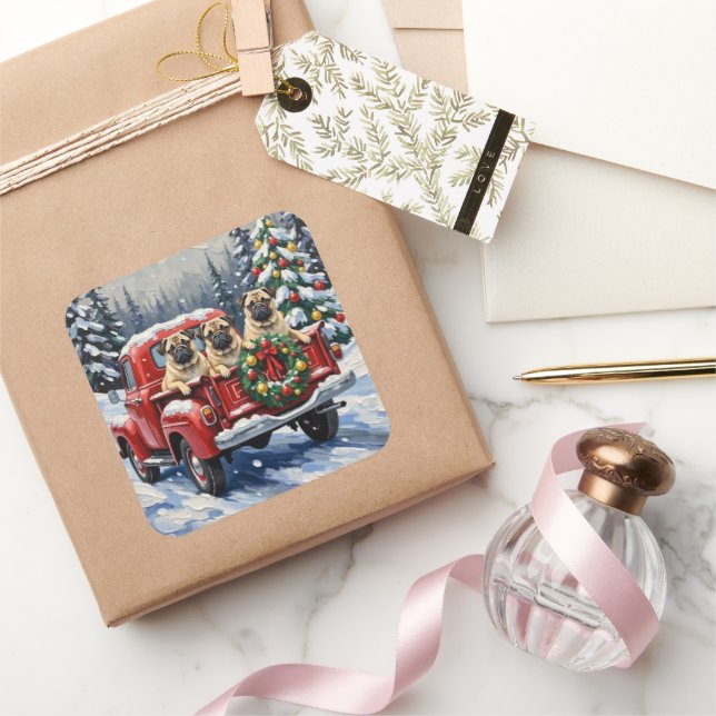 Pug Christmas Red Truck Holiday Square Sticker (Gifting)