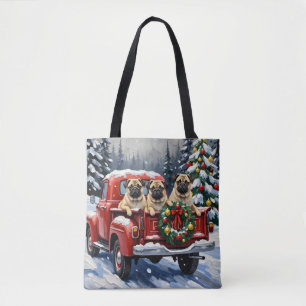 Pug Christmas Red Truck Holiday Tote Bag