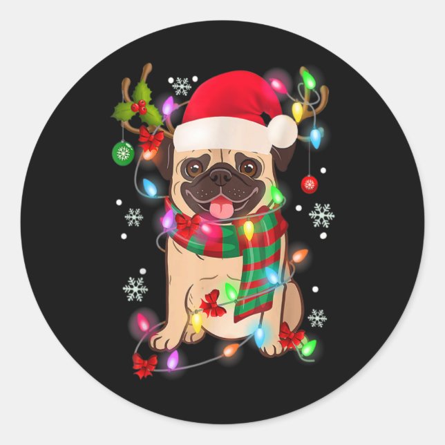 Pug Christmas Tree Lights Santa Dog Xmas Boys Pugm Classic Round Sticker (Front)