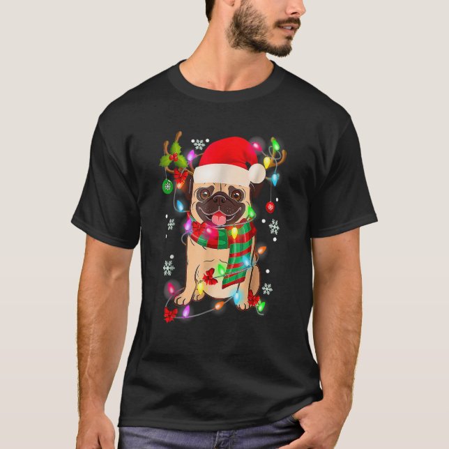 Pug Christmas Tree Lights Santa Dog Xmas Boys Pugm T-Shirt (Front)