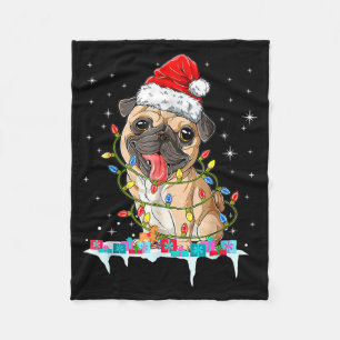 Pug Christmas Tree Lights Santa Dog Xmas Fleece Blanket