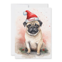 Pug Christmas Watercolor Art with Poinsettia
